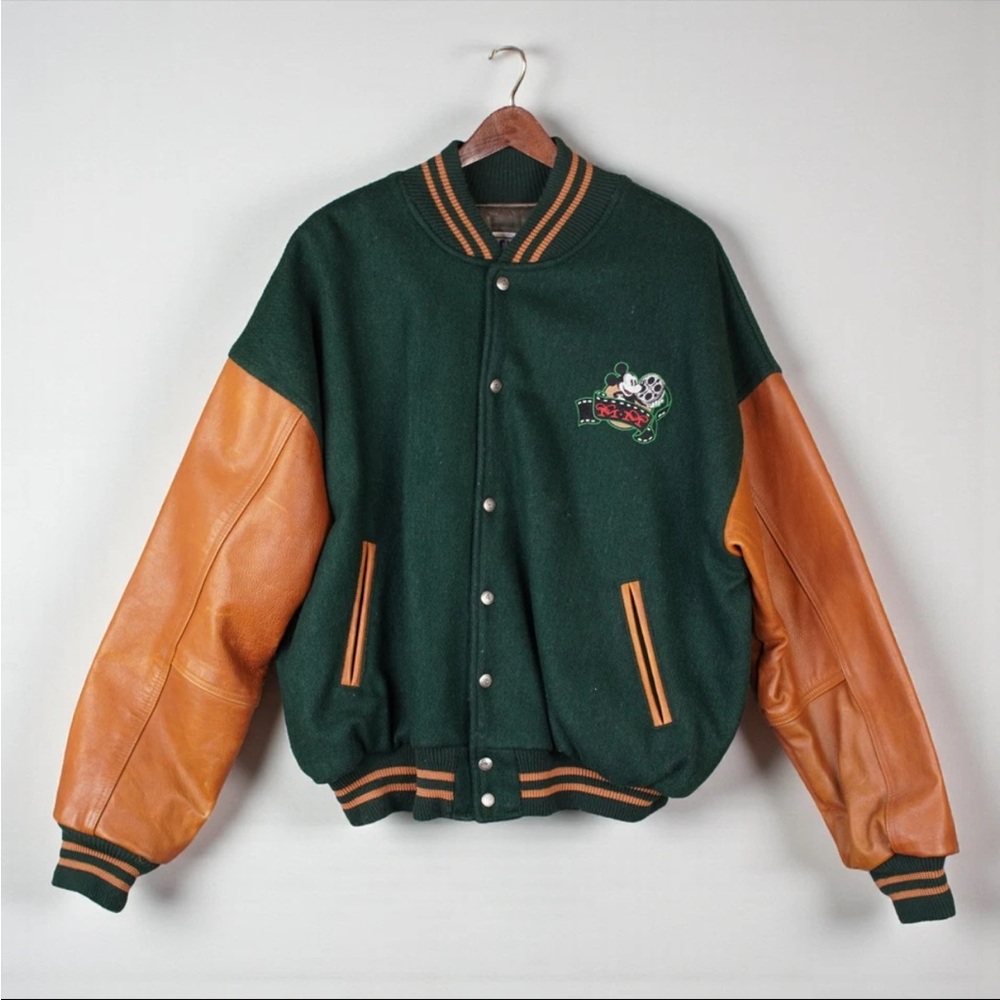 Vintage Disney Studio Edition Letterman Wool Leather Bomber Jacket Mens XL Green